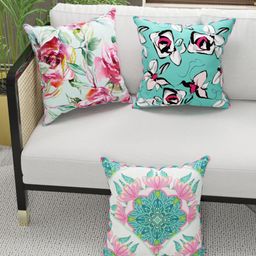 BIANCA Set Of 3 Coral & Turquoise Blue Floral Printed Cushion Covers-33