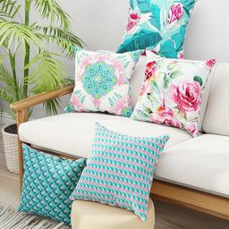 BIANCA Coral & Teal Set of 5 Floral Square Cushion Covers-51