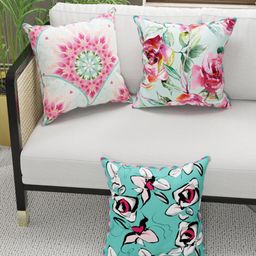 BIANCA Coral & Turquoise Blue Set of 3 Floral Square Cushion Covers-26
