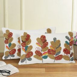eyda 2 Pcs White & Olive Green Embroidered Cotton Rectangle Cushion Covers-9