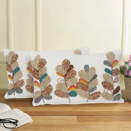 eyda White & Green 2 Pieces Embellished Cotton Rectangle Cushion Covers-image-26