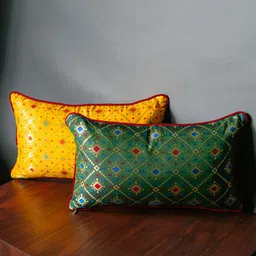 RoyalDeco Green & Yellow 2 Pieces Geometric Brocade Rectangle Cushion Covers-image-22