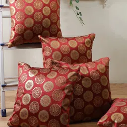 ROMEE Maroon & Gold-Toned Set of 5 Ethnic Motifs Square Cushion Covers-28