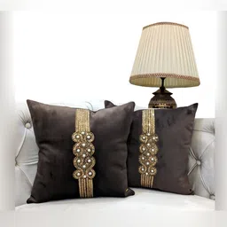 Good Vibes Brown & Gold Toned Embellished Velvet Square Cushion Covers-image-18