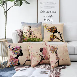AEROHAVEN Beige & Pink 5 Pieces Quirky Printed Square Cushion Covers-15
