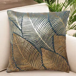 NISRAG HOME Blue & Gold Toned Floral Embellished Velvet Square Cushion Cover-26