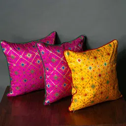 RoyalDeco Pink & Yellow 3 Pieces Ethnic Motifs Brocade Square Cushion Covers-image-92