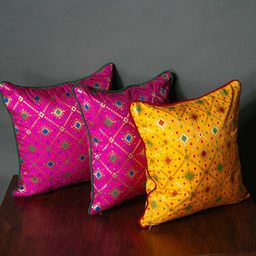 RoyalDeco Assorted Pink & Yellow 3 Pieces Ethnic motifs Brocade Square Cushion Covers-image-35