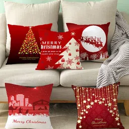 AEROHAVEN Set Of 5 Red & White Printed Christmas Square Cushion Covers-0