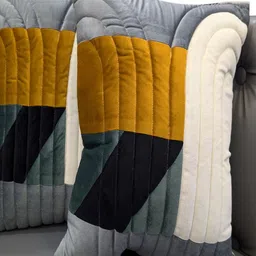 Good Vibes Grey Melange & Mustard Set of 2 Geometric Velvet Square Cushion Covers-8