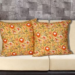 Texstylers Orange & Green 2 Pieces Floral Cotton Square Cushion Covers-58