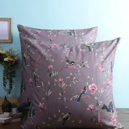 HOME AFFAIRS Brown & Purple Set of 2 Floral Printed Pure Cotton Square Cushion Covers-8