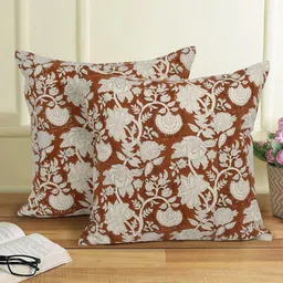 eyda Rust & Cream 2 Pieces Floral Cotton Square Cushion Covers-7