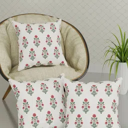Trance Home Linen White & Red 3 Pcs Floral Printed Cotton Square Cushion Covers-0
