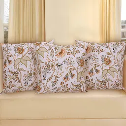 Texstylers White & Brown 3 Pieces Cotton Floral Square Reversible Cushion Covers-12