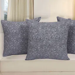 Texstylers Grey & White 3 Pieces Cotton Floral Square Reversible Cushion Covers-2