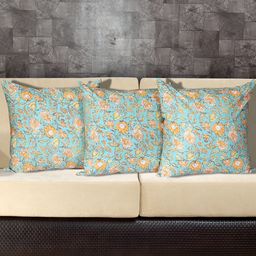 Texstylers Blue & Orange 3 Pieces Cotton Floral Printed Square Reversible Cushion Covers-image-46