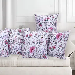 Texstylers Pink & White 5 Pieces Floral Printed Cotton Square Reversible Cushion Covers-image-61