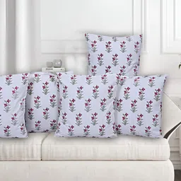 Texstylers Grey & Maroon 5 Pieces Floral Printed Cotton Square Reversible Cushion Covers-image-70