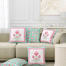 BLOCKS OF INDIA Green & White 5 Pieces Floral Square Cushion Covers-25