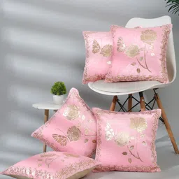 NISRAG HOME Pink & Gold-Toned 5 Pieces Floral Square Cushion Covers-31
