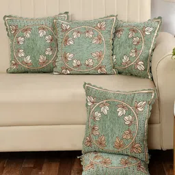 MULTITEX Green & Gold-Toned 5 Pieces Floral Cotton Square Cushion Covers-55