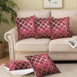 Cloth Fusion 5 Pcs Red & Golden Foil Printed Velvet Square Cushion Covers-image-11