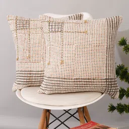 eyda Cream-Coloured & Brown 2-Pieces Abstract Pure Cotton Square Cushion Covers-2