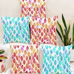 STITCHNEST Set Of 5 Red & Blue Floral Printed Square Cushion Covers-11