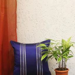 ZEBA Blue & Silver-Toned Striped Square Cushion Covers-image-12