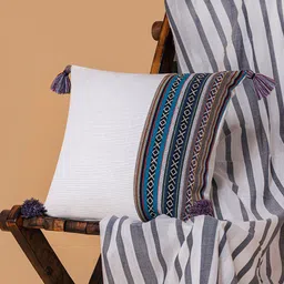 ANWYN White & Blue Ethnic Motifs Pure Cotton Square Cushion Cover-image-18