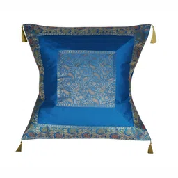 Lal Haveli Turquoise Blue & Gold Toned Ethnic Motifs Silk Square Cushion Cover-image-26