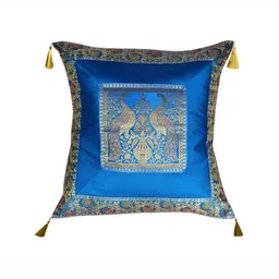 Lal Haveli Turquoise Blue & Gold Toned Ethnic Motifs Silk Square Cushion Cover-image-19