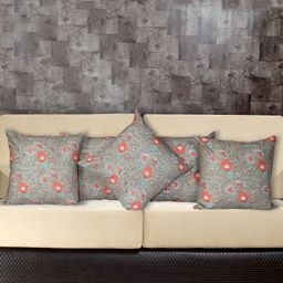 Texstylers Grey & Red 5 Pieces Floral Cotton Square Reversible Cushion Covers-9