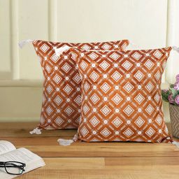 eyda Rust & White 2 Pcs Embroidered Velvet Square Cushion Covers-13