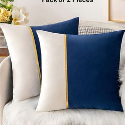 Vinayaka Fab Blue & White 2 Pieces Striped Velvet Square Cushion Covers-image-3