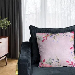 Tasseled Home Happy Pink & Green Floral Printed Velvet Square Cushion Cover-image-41