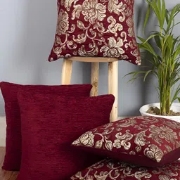 CAZIMO Maroon & Gold-toned 5 Pieces Floral Print Jacquard Square Cushion Covers-image-49