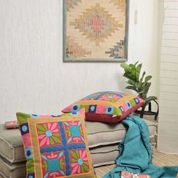 Needles Play Maroon & Blue 2 Pieces Embroidered Cotton Square Cushion Covers-image-60