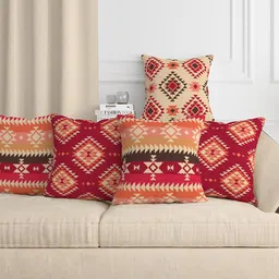 Aura Red & Cream Coloured 5 Pcs Geometric Square Cushion Covers-21