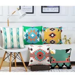 AEROHAVEN Sea Green & Red Set of 5 Geometric Square Cushion Covers-16