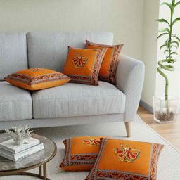JAIPUR FABRIC Mustard & White Set of 5 Embroidered Square Cushion Covers-12