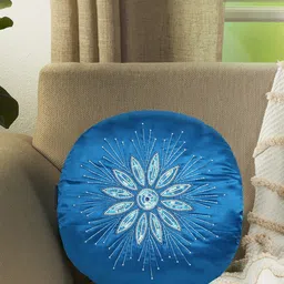Mezposh Blue & White Floral Satin Round Cushion Covers-36