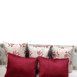 Good Vibes Maroon & Cream-Coloured 5 Pieces Floral Jacquard Square Cushion Covers-50