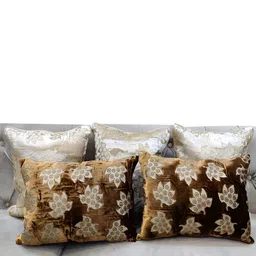 Good Vibes Brown & Gold-Toned 5 Pieces Floral Velvet Rectangle Cushion Covers-image-68