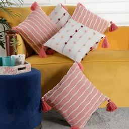 ANWYN Peach-Coloured & White 5 Pcs Self Design Square Cushion Covers-15