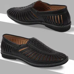 FAUSTO Men Black PU Slip-On Laser Cut Stitched Ethnic Sneakers-image-41
