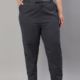 Go Colors Women Navy Blue Striped Tapered Fit Trousers-picture-6