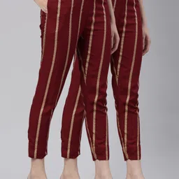 Kryptic Women Pack Of 2 Striped Smart Slim Fit Mid-Rise Cropped Slip-On Cigarette Trousers-image-31