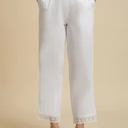 W Plain Straight Fit Mid Rise Cotton Parallel Trousers-image-53